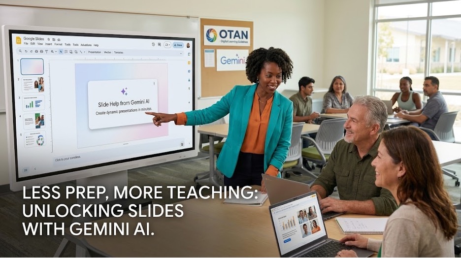 Photograph of a professional woman presenting a slide titled "Slide Help from Gemini AI" on a large screen to adult students seated around a table. Text overlay reads "Less prep, more teaching: Unlocking slides with Gemini AI," highlighting use of AI technology to enhance presentation efficiency in a classroom.